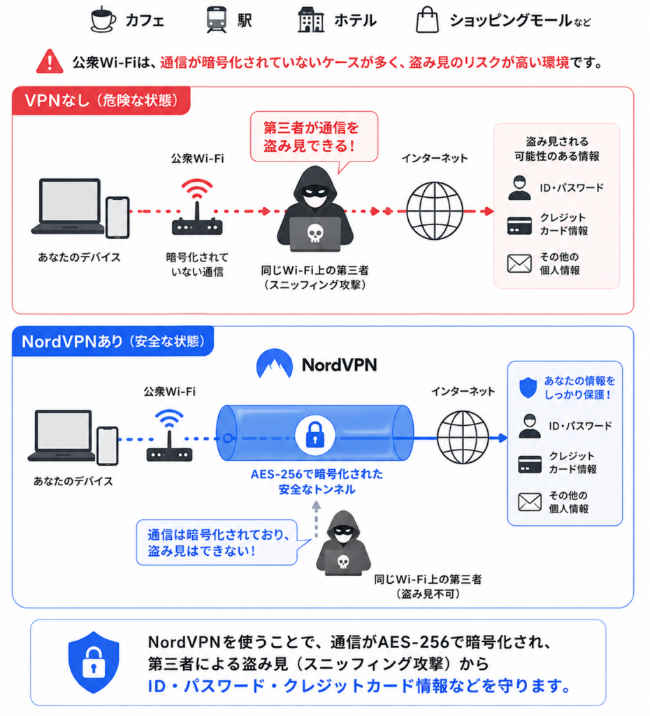 フリーWi-FiはVPNなしだと通信内容を第三者に盗み見られるリスクがあり、VPNを使うと暗号化された通信経路でデータを保護できる。