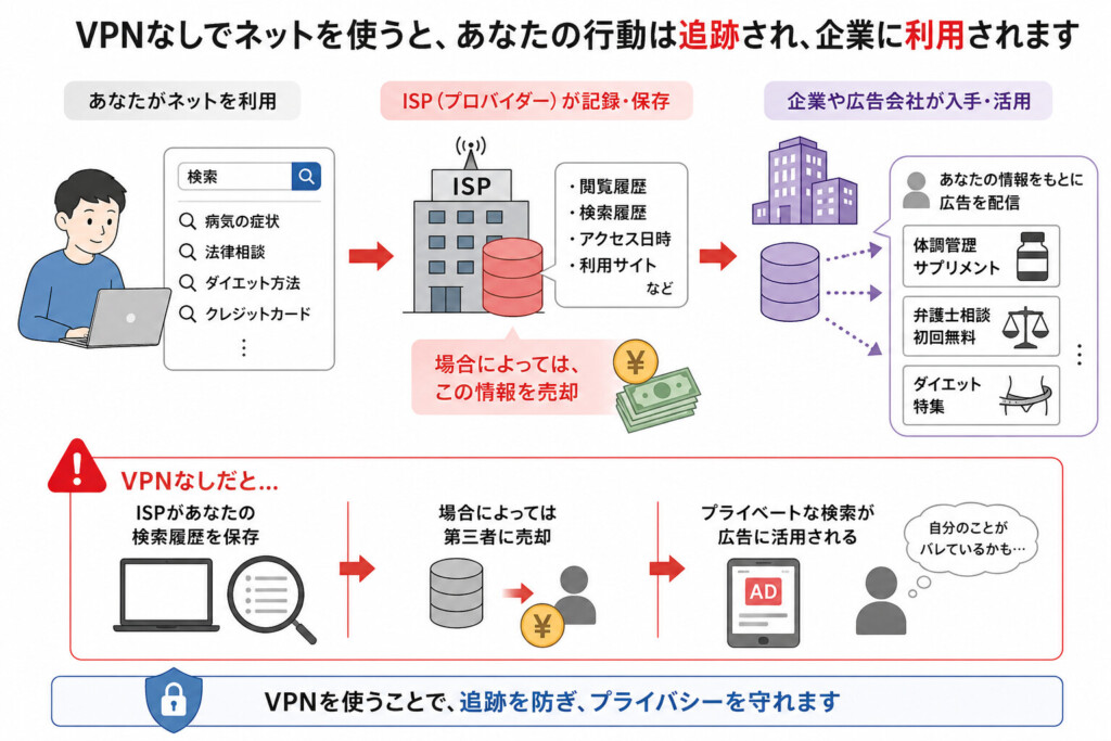 VPNなしの通信で検索履歴や閲覧履歴が収集され広告活用される仕組み