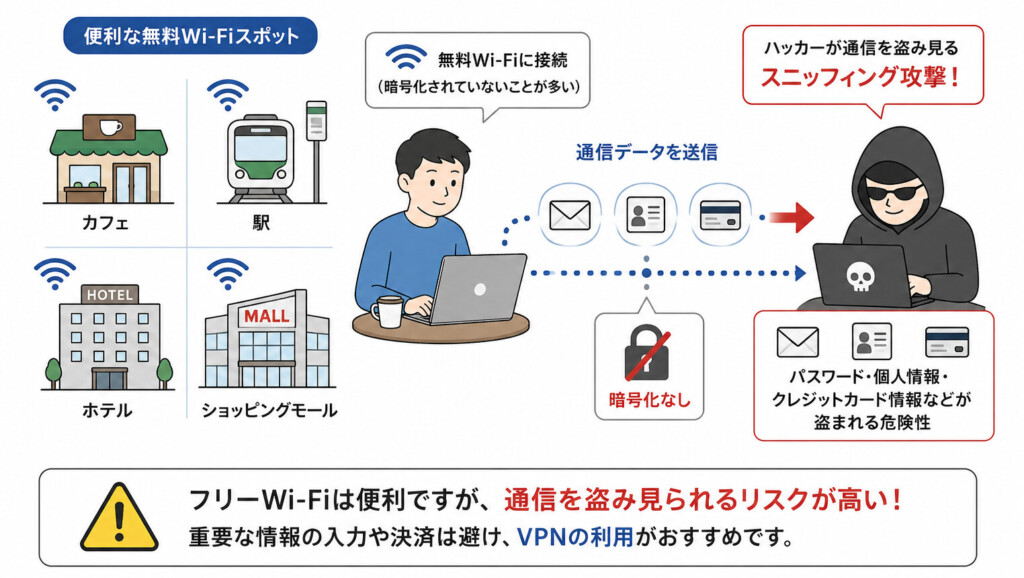 カフェや駅などの無料Wi-Fi利用中に通信内容をハッカーに盗み見られる仕組み