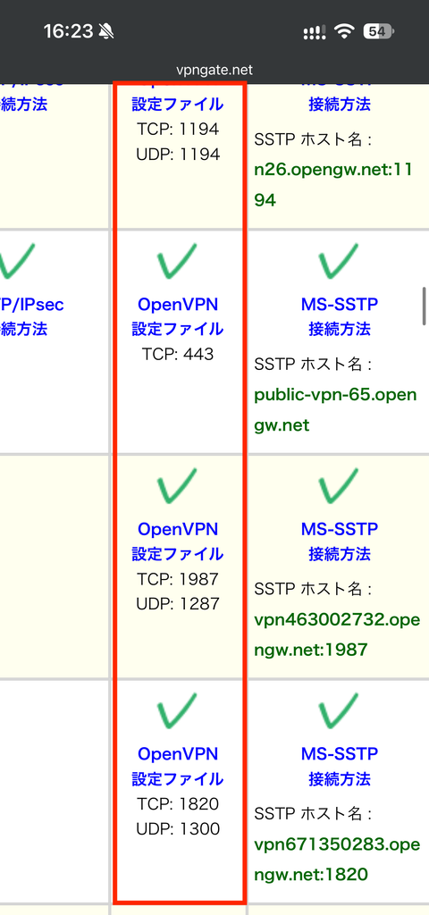 OpenVPN欄に「OpenVPN 設定ファイル」と表示されているサーバーを選びます。